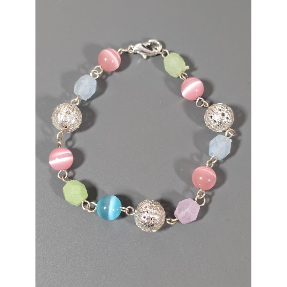 Boho Coastal Beachy Pastel Glass Cats Eye‎ Filigree Bead Bracelet 6.5"
